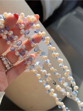 Freshwater pearl and light blue crystal long necklace 40”